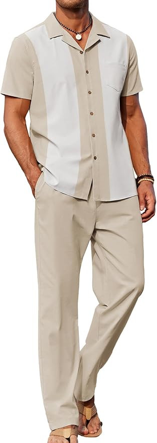 COOFANDY Men 2 Piece Linen Outfit Beach Button Down Shirt Casual Loose Pant Sets | Amazon (US)