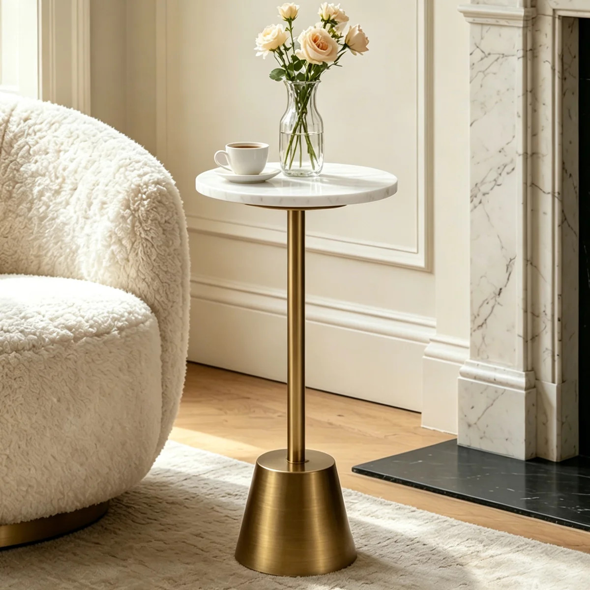 White Marble Pedestal Side Table, Round End Table With Antique Gold Base For Couch, Small Drink T... | Wayfair North America