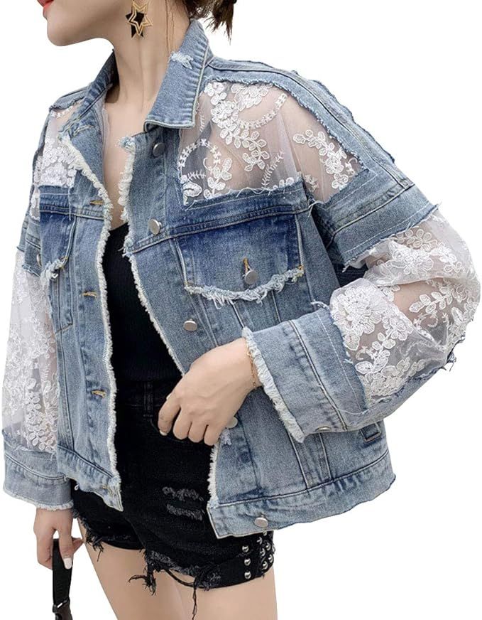 ebossy Women's See Through Floral Embroidery Lace Crop Denim Jacket Ripped Distressed Jean Jacket | Amazon (US)