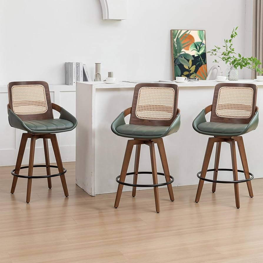 Counter Stools Set of 3 - 26.4 inch Counter Height Swivel Bar Stools with Cane Back, Curved Arms,... | Amazon (US)