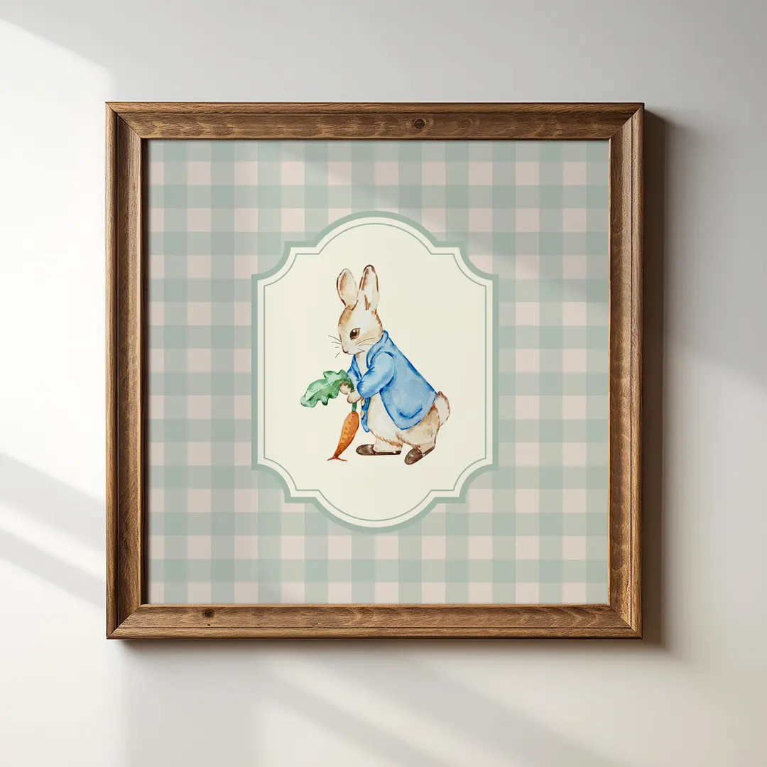 Peter Rabbit, Square Blue Gingham Illustration Print, Digital Downloads Art Print, Wall Art, Farm... | Etsy (Global)