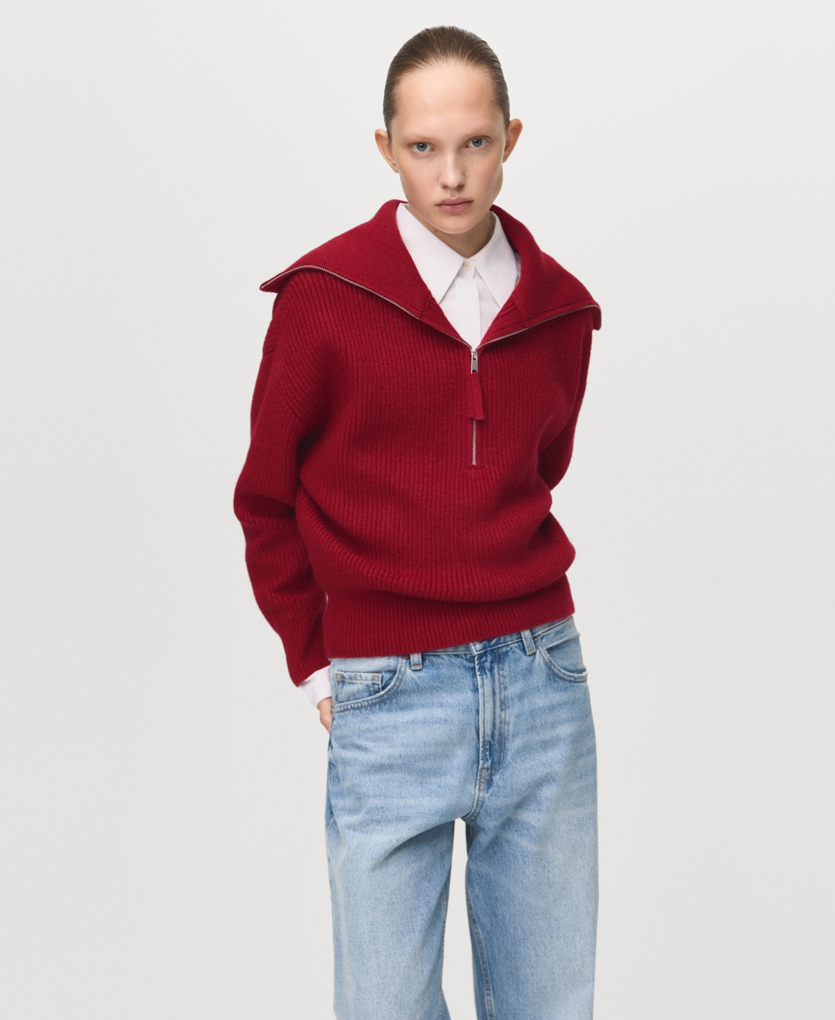 Mango Women's Funnel Neck and Zip Sweater - Maroon | Macy's