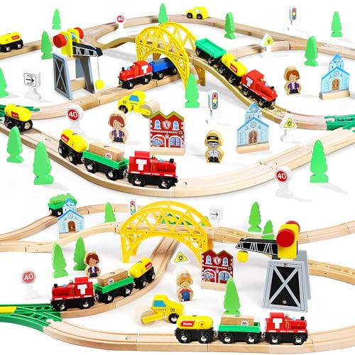 TOY Life Wooden Train Set with Crane, 60-Pc Track, Boys 3-8 | Amazon (US)
