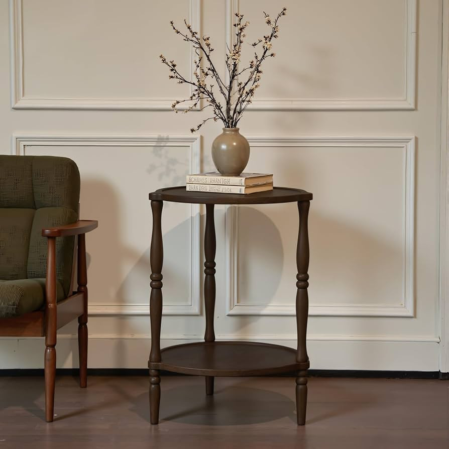 Accent Wood End Table, 2-Tier Round Bedside Table, Natural Side Table Nightstand for Family, Bedr... | Amazon (US)