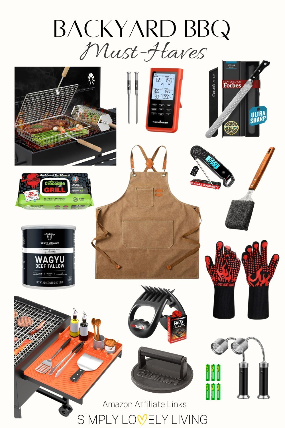 Backyard Barbecue Must Haves! BBQ apron. Smart wireless meat thermometer. Grill basket. Brisket knife. BBQ gloves. Silicone mat for BBQ. Meat shredder. Cast iron smash burger press. Grill wipe cleaner. Wagyu beef tallow. Grill flashlight. BBQ bristle free grill brush and scraper. 

#LTKSeasonal #LTKHome #LTKMens