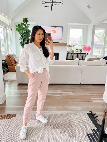 Smart casual outfit with a linen button up and tailored pants that have a jogger fit but can be workwear appropriate. Code HKCUNG20 gets you 20% off your first full-priced purchase at MM LaFleur. Wearing size 0 petite in the pants and XXS in the top. 

#LTKstyletip #LTKsalealert #LTKworkwear