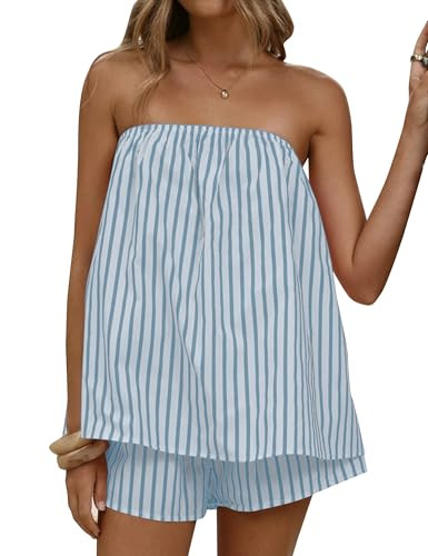 Women 2 Piece Matching Sets Striped Tube Top Shorts Sets Summer Vacation Outfits Y2K Going Out To... | Amazon (US)