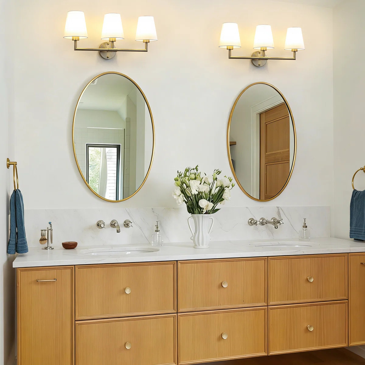 3 - Lights Brass Armed Wall Sconce With Linen Lamp Shades For Bathroom Vanity Hallway Stairway Li... | Wayfair North America