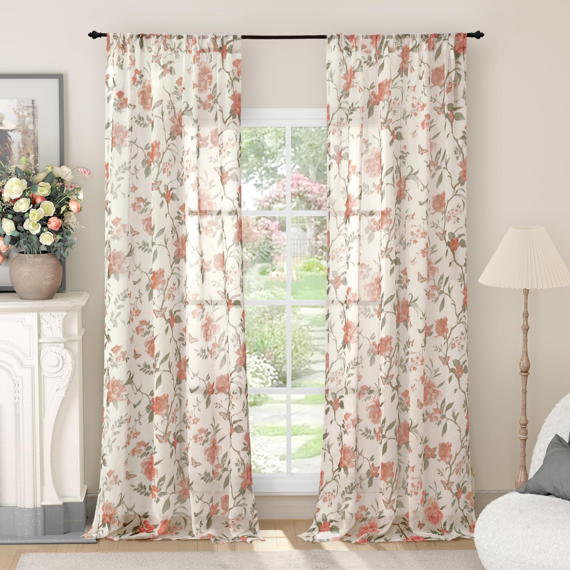 Floral Sheer Curtains for Living Room Window, Vintage Farmhouse Light Filtering Privacy Semi-Shee... | Amazon (US)