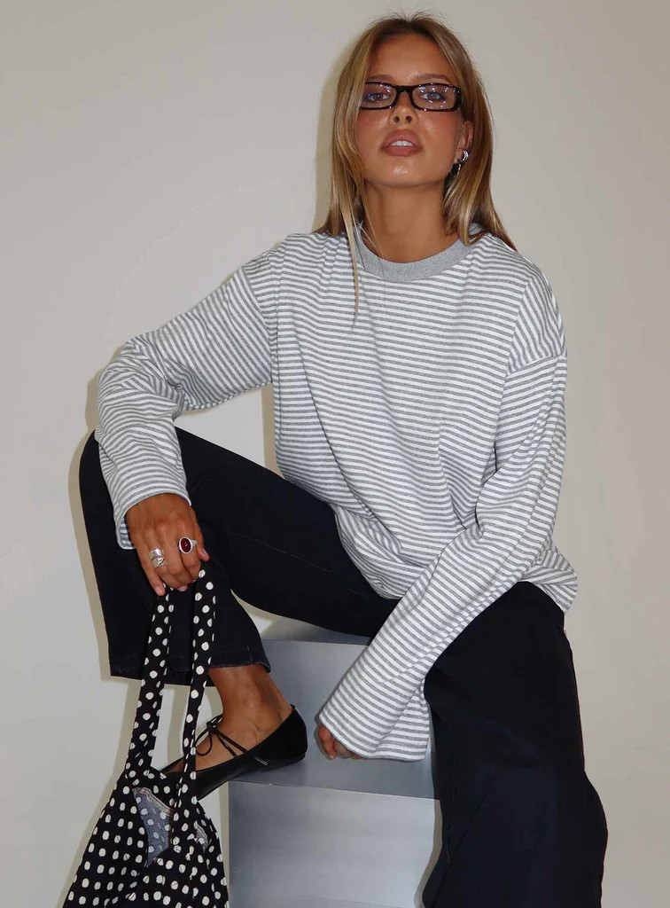 Settle Down Long Sleeve Top Grey / White Stripe | Princess Polly US