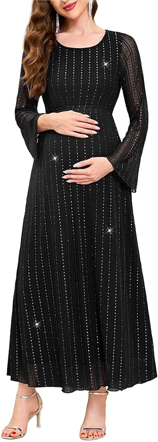Maternity Sparkly Mesh Dress Bell Long Sleeve Round Neck A Line Flowy Pregnancy Dresses Baby Show... | Amazon (US)