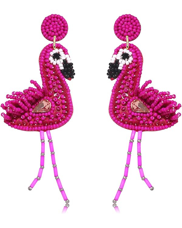 Flamingo Earrings for Women Beaded Tropical Bird Earrings Statement Pink Beads Dangle Earrings Su... | Amazon (US)