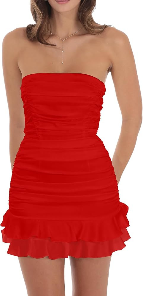 Mizoci Bodycon Mini Dress, Tube Top Strapless Ruffle Ruched Short Dresses | Amazon (US)