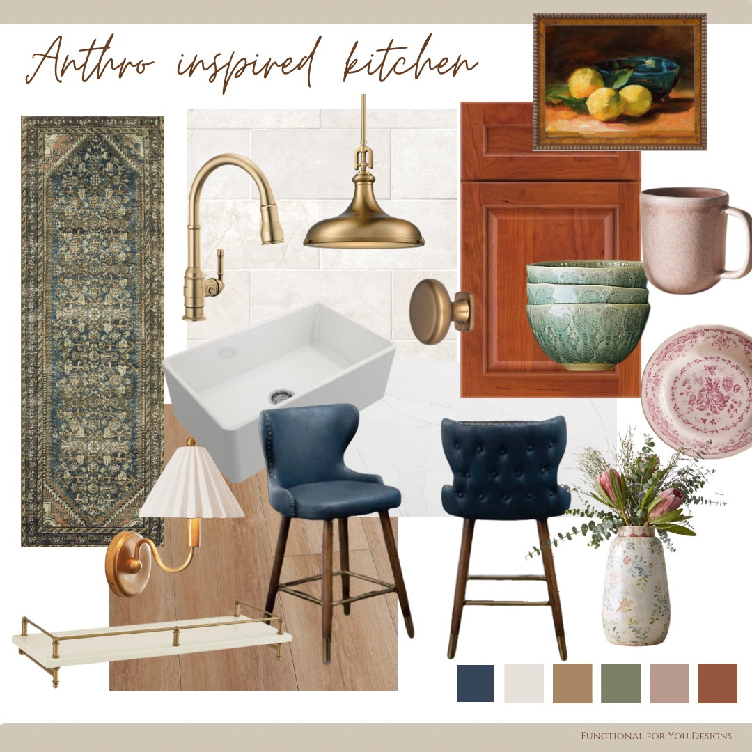 Anthropologie inspired kitchen design! Swipe to see these products brought to life in a virtual design! Loving the brass and blue pops to compliment the cherry cabinets ✨

#LTKhome