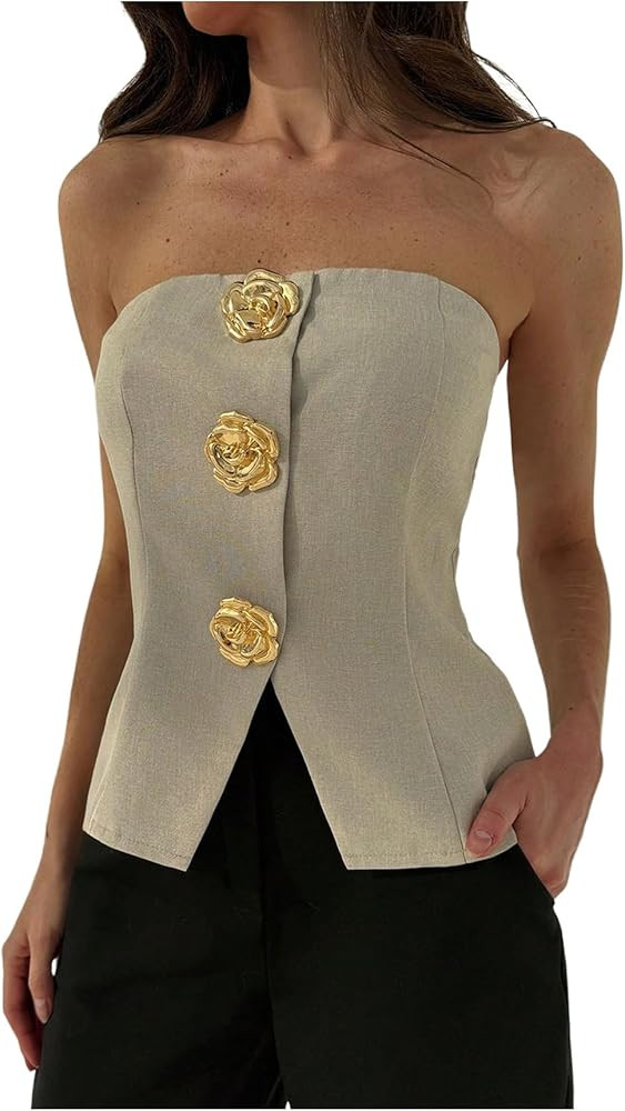 MakeMeChic Women's Metallic 3D Flower Strapless Tube Top Sleeveless Split Bandeau Tops | Amazon (US)