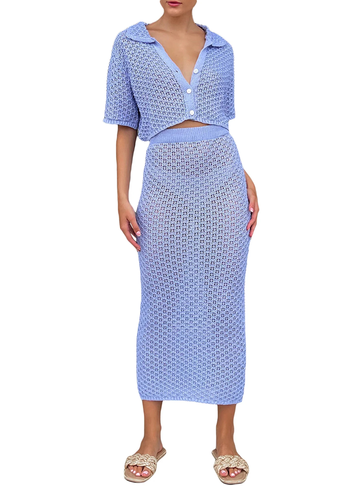 Coduop Women Crochet Bikini Cover Up Set Short Sleeve Crop Top and Skirt Outfit Set,Two Piece - W... | Walmart (US)