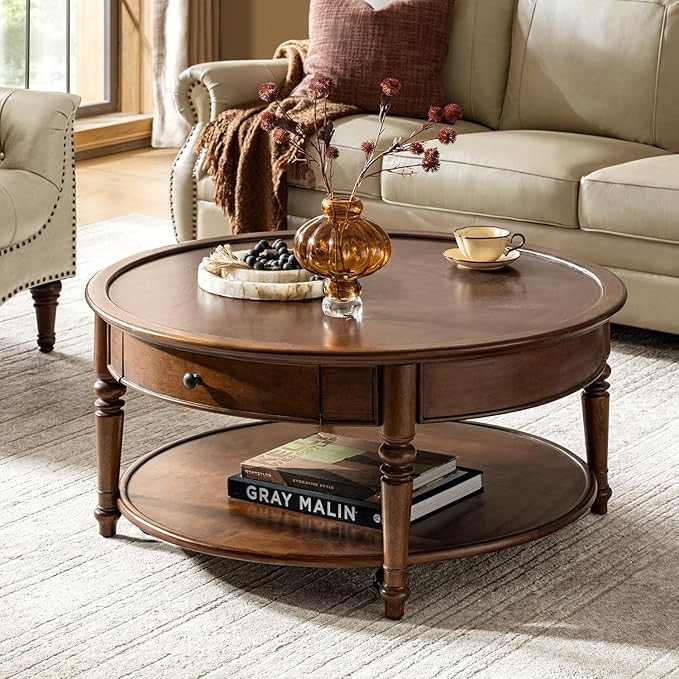 HULALA HOME Round Coffee Table with Casters, Wood Coffee Table Movable with Drawer/Shelf, 2-Tier ... | Amazon (US)