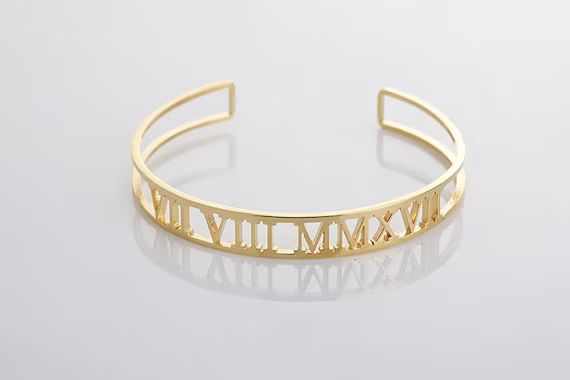 Coordinates bracelet Personalized couple bangle Custom roman numerals cuff bracelet Delicate gold... | Etsy (US)