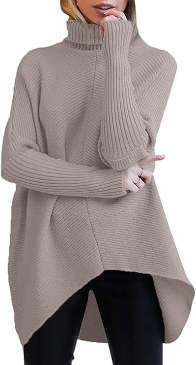 ANRABESS Womens Turtleneck Long Batwing Sleeve Asymmetric Hem Casual Pullover Sweater Knit Tops | Amazon (US)