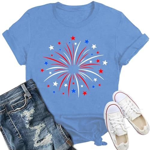 Womens American Flag Shirt USA Fireworks Patriotic Print T-Shirt 4th of July Crewneck Tee | Amazon (US)