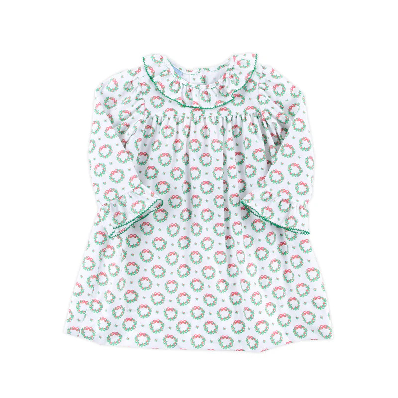 Holiday Wreath White Print Ruffle Collared Dress | Classic Whimsy