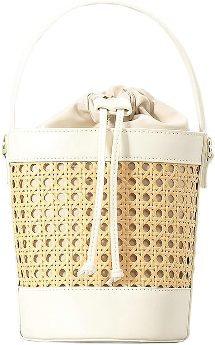 Rattan Bag for Women Straw Tote Bucket Bag PU Leather Summer Beach Bag Holiday Purses | Amazon (US)