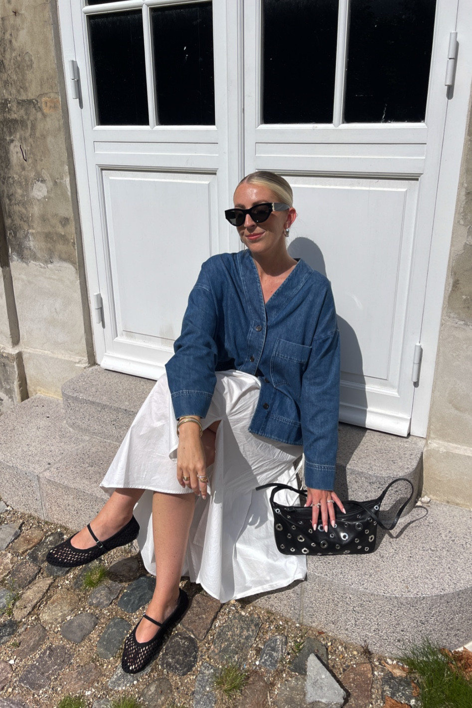 Denim shirt & white skirt outfit 🤍 

Midi skirt, COS, leather bag, stud bag, mesh shoes, crochet shoes, denim jacket 

#LTKshoes #LTKstyletip #LTKuk