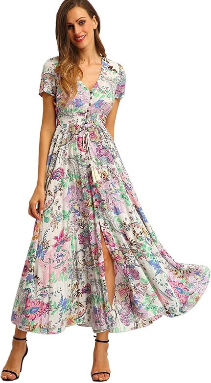 Women Floral Print Button Up Split Flowy Party Maxi Dress | Amazon (US)