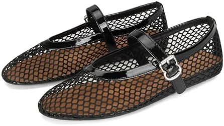 DOEYG Mesh Ballet Flats for Women Buckle Strap Comfy Casual Office Fishnet Ballerina Flat Shoes | Amazon (US)