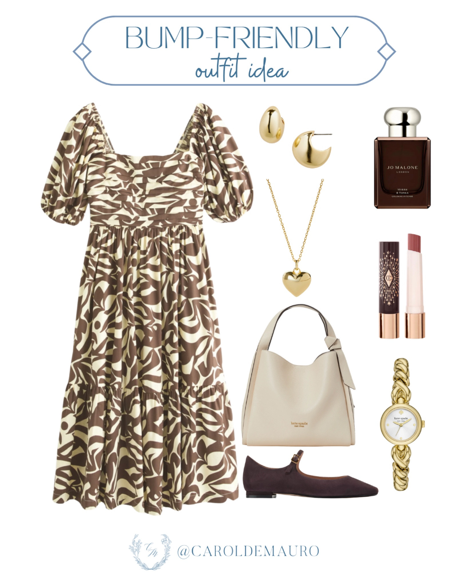 Here’s a cute midi dress paired with Mary Jane flats, a white handbag, and gold jewelry that’s perfect for a baby bump! Stay stylish and comfortable throughout your pregnancy!
#maternitystyle #fallfashion #casuallook #outfitidea

#LTKStyleTip #LTKItBag #LTKSeasonal
