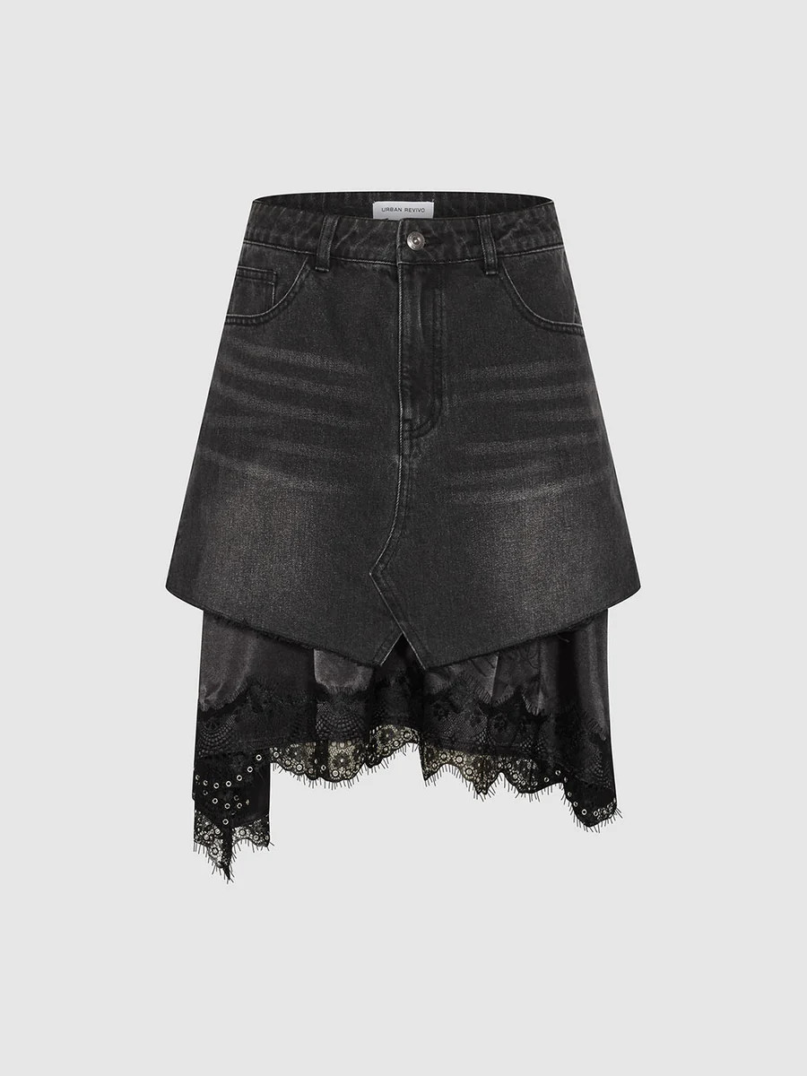 Irregular Lace Denim Paneled Skirts | Urban Revivo