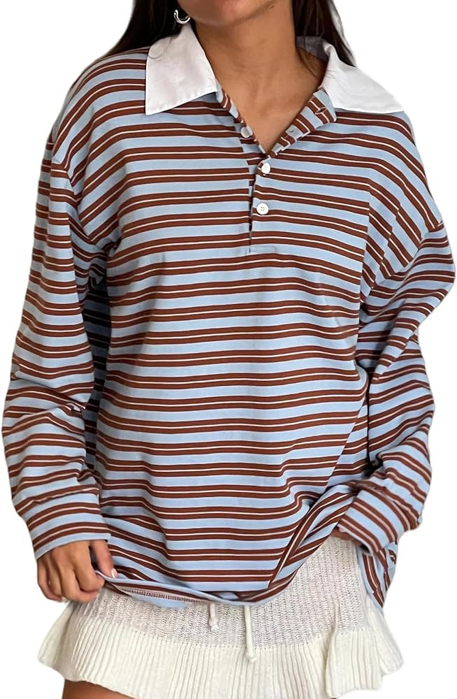 Women Striped Polo Sweatshirt Oversized Long Sleeve Rugby Shirts Fashion Fall Loose Color Block P... | Amazon (US)