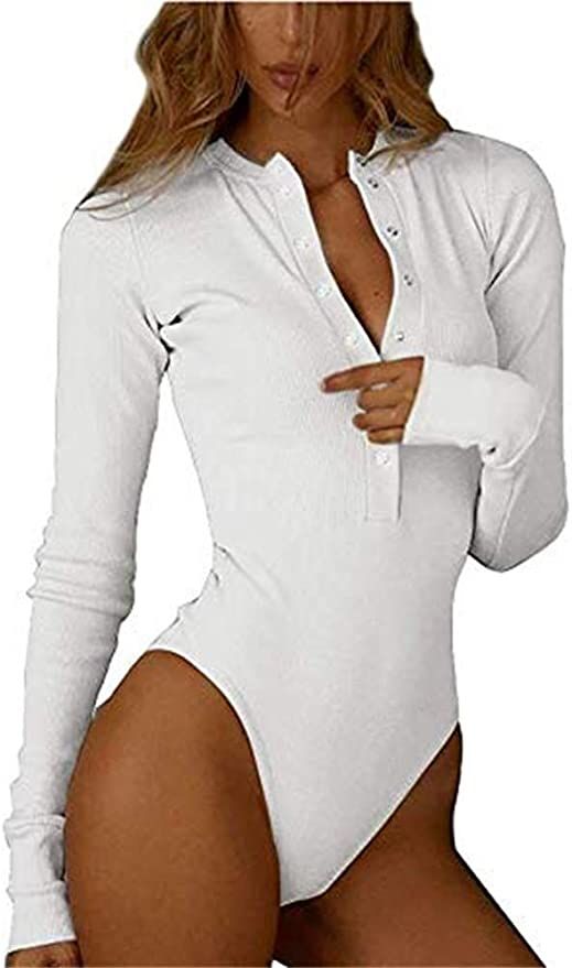 GEMBERA Women Front Zip Round Neck Long Sleeve Bodysuit Thong Bodycon Ribbed Bodysuit Leotard Top | Amazon (US)