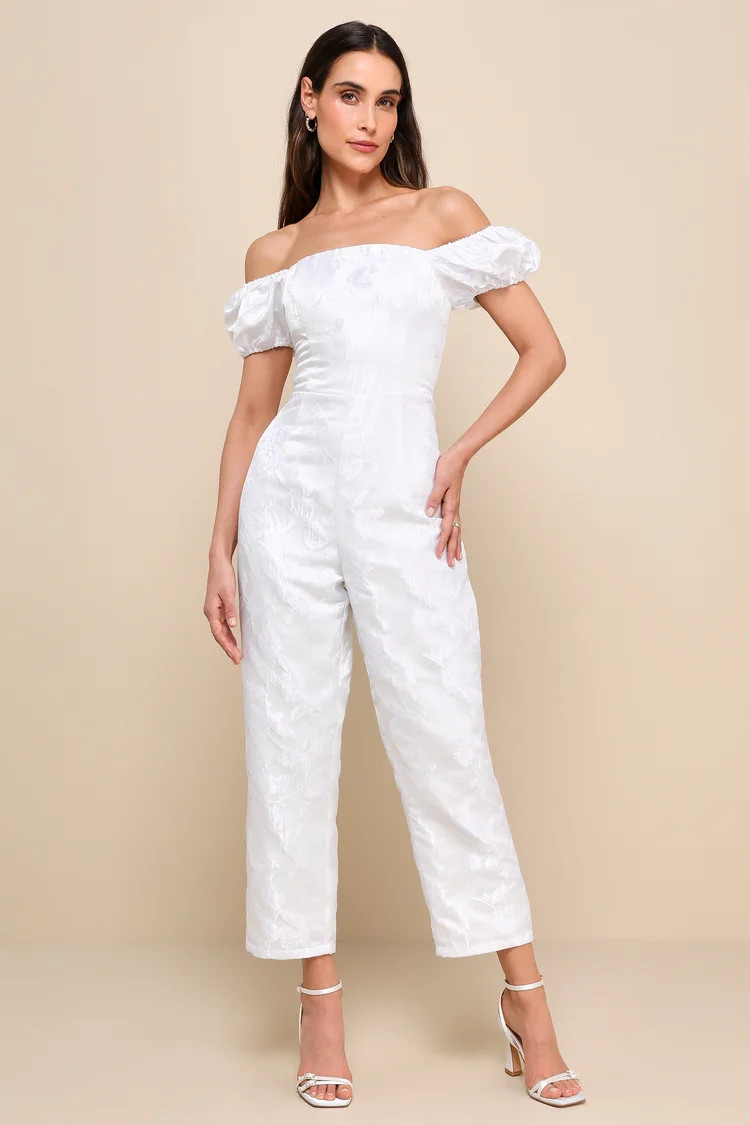Redefined Class White Floral Jacquard Off-the-Shoulder Jumpsuit | Lulus