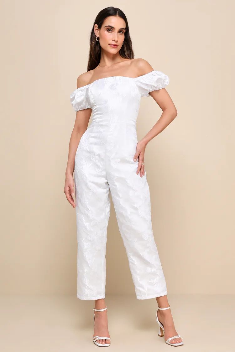 Redefined Class White Floral Jacquard Off-the-Shoulder Jumpsuit | Lulus