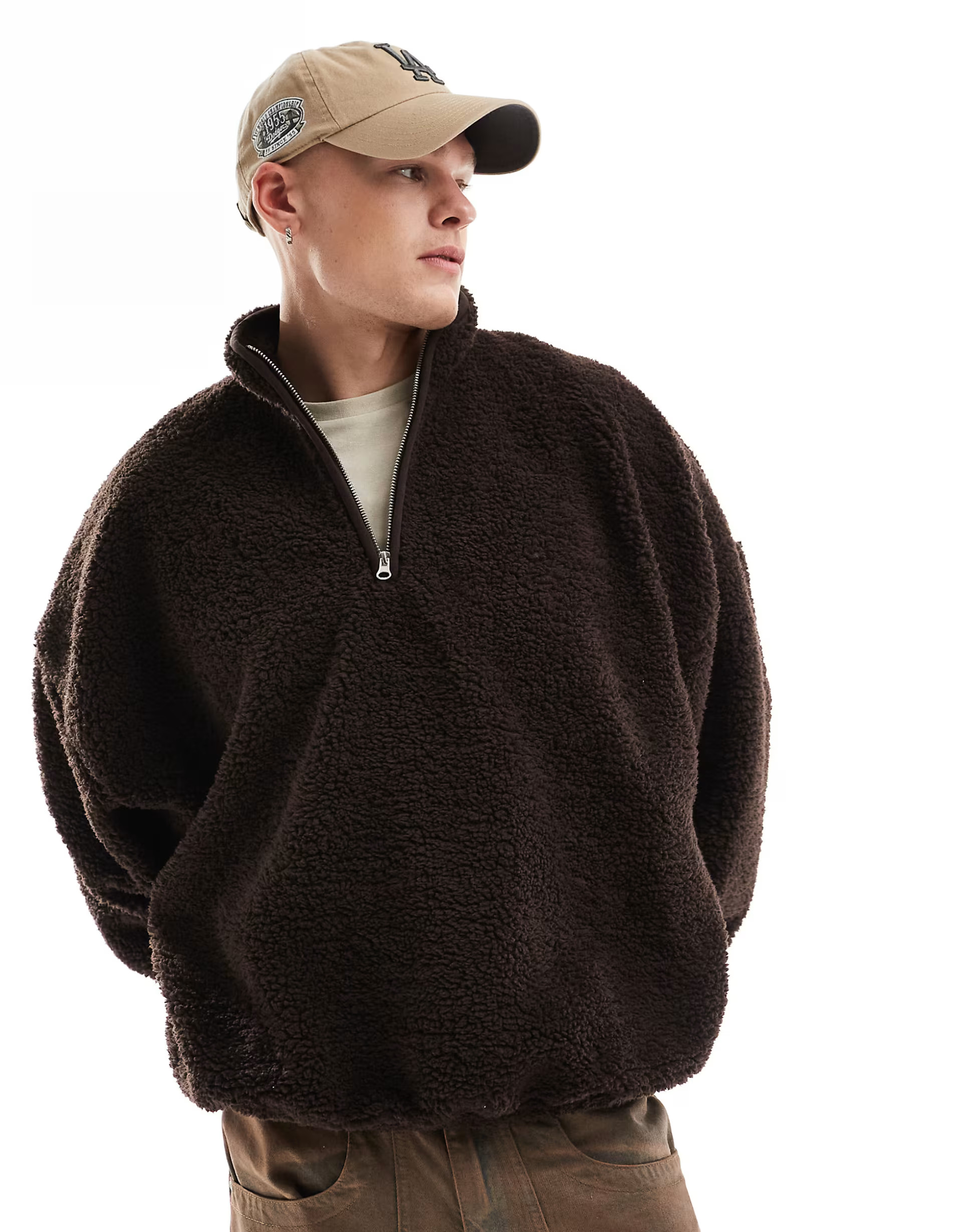 ASOS DESIGN extreme oversized borg sweatshirt with funnel neck in brown | ASOS (Global)