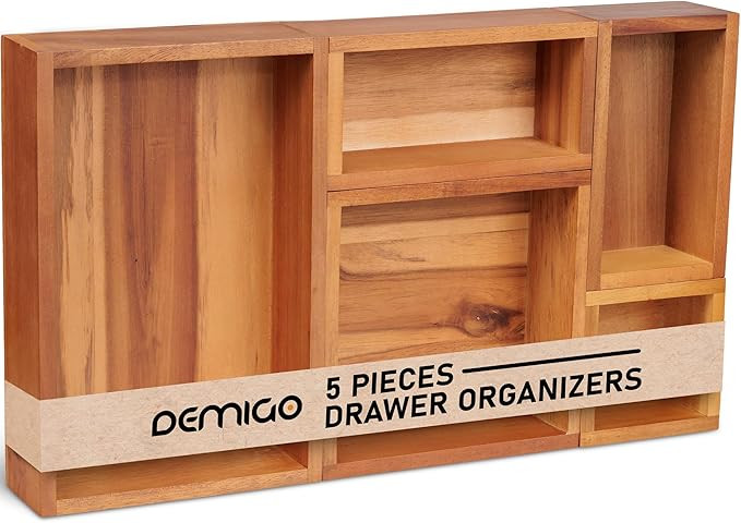 Demigo Acacia Drawer Organizer Set of 5, Cabinet Container Box, Wood Bin Set in Varied Sizes, Div... | Amazon (US)