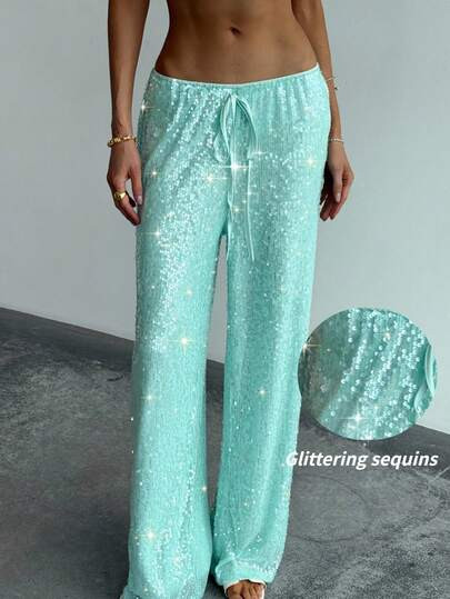 Aloruh Women Glitter Patchwork Drawstring Waist Casual Elegant Sequin Pants, Beach Vacation Boho ... | SHEIN