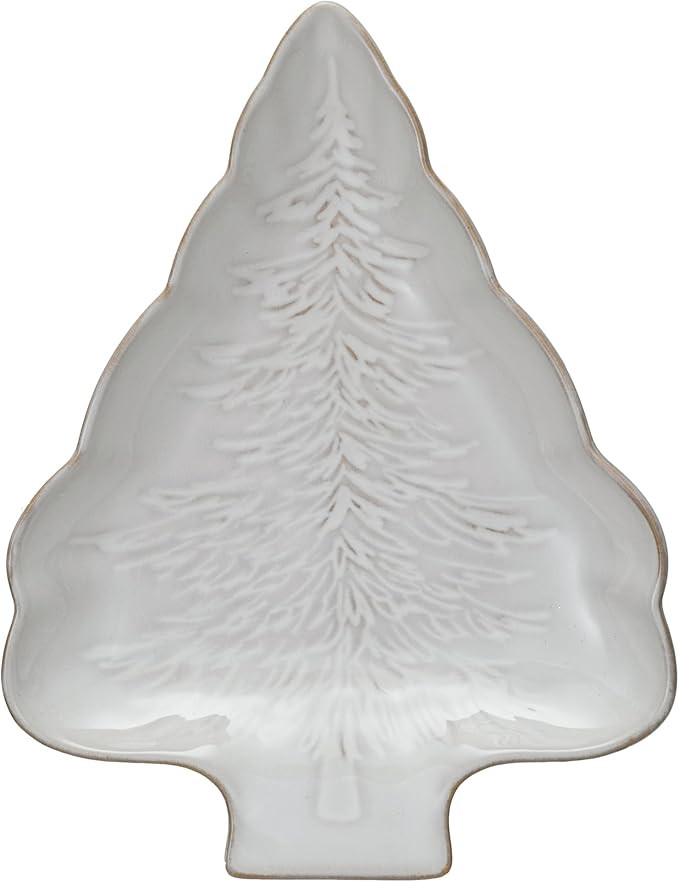 Creative Co-Op Stoneware Tree Shaped Plate with Tree Design, White | Amazon (US)