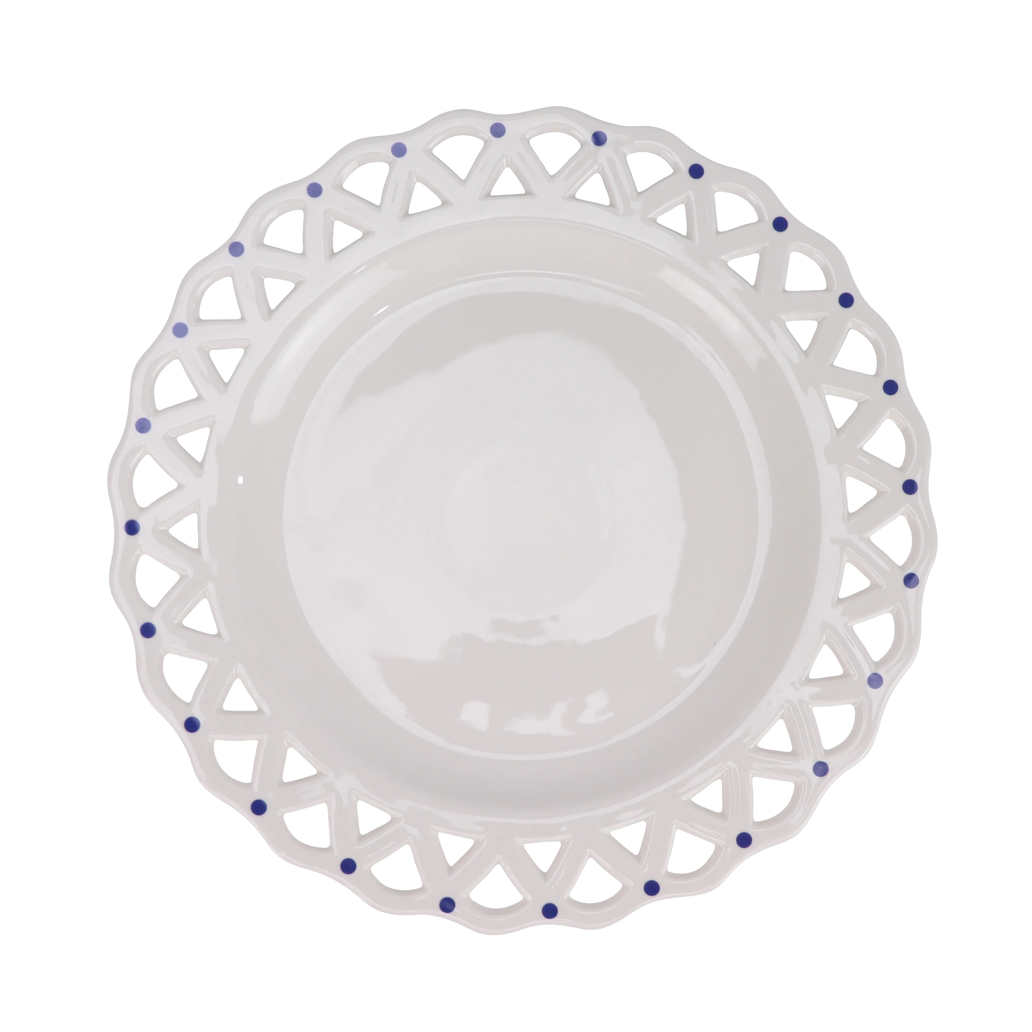 White Pierced Scalloped Charger with Blue Dots | Gorgeous Living