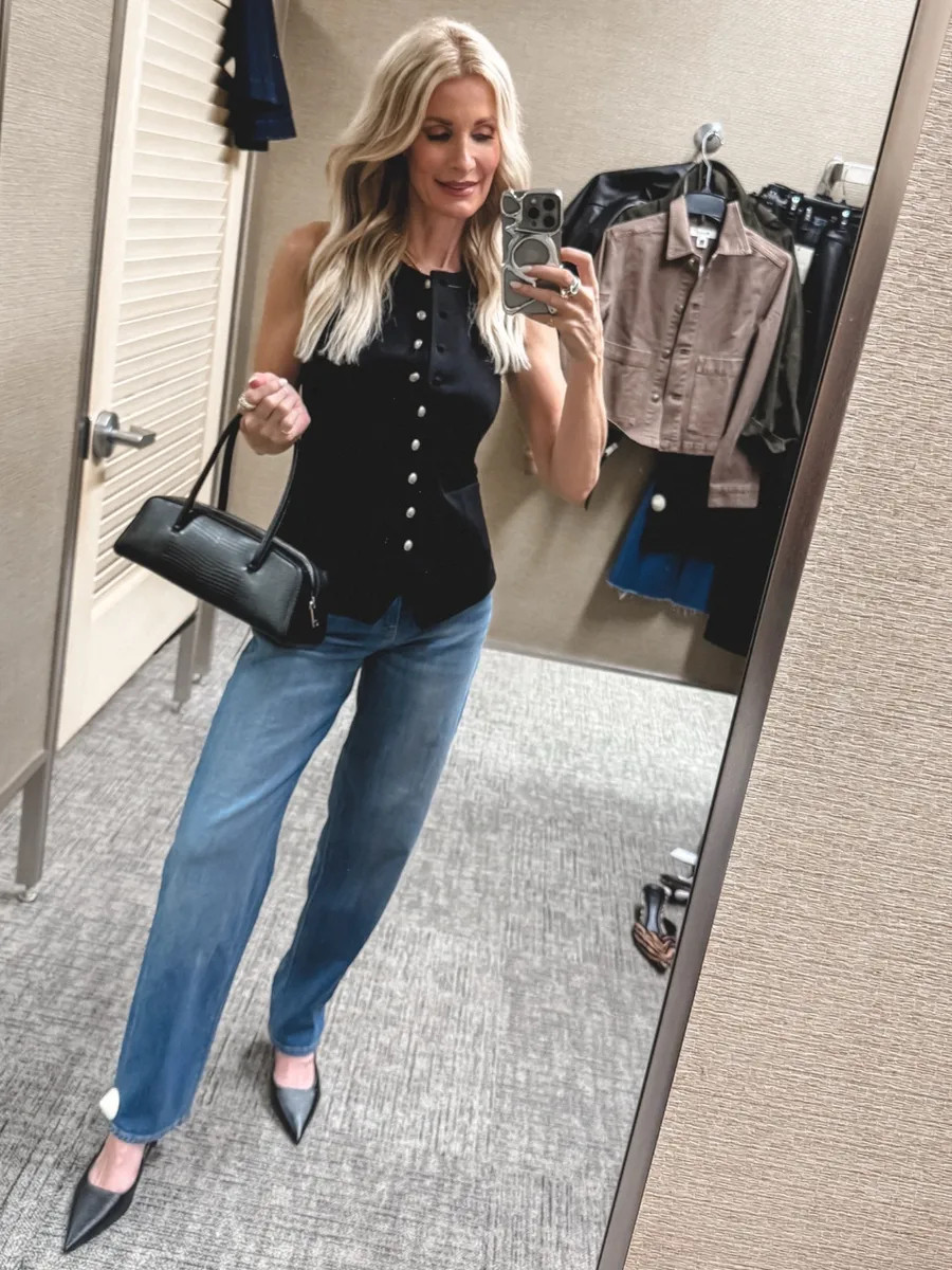 Entire look is part of the Nordstrom Anniversary Sale. ✨ This Rag & Bone sleeveless black vest has an impeccable fit, and I love the silver buttons. I paired it with my #1 denim pick from the sale—these Veronica Beard Soft Barrel jeans that are so flattering—and these chic black lizard slingbacks. I’m wearing an XS in the vest and a 24 in the jeans. 

#LTKOver40#LTKSaleAlert 

 

#LTKootd