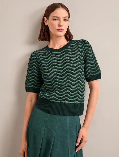 June Cotton Short Sleeve Jumper - Dark Green Pale Green Stripe | Cefinn