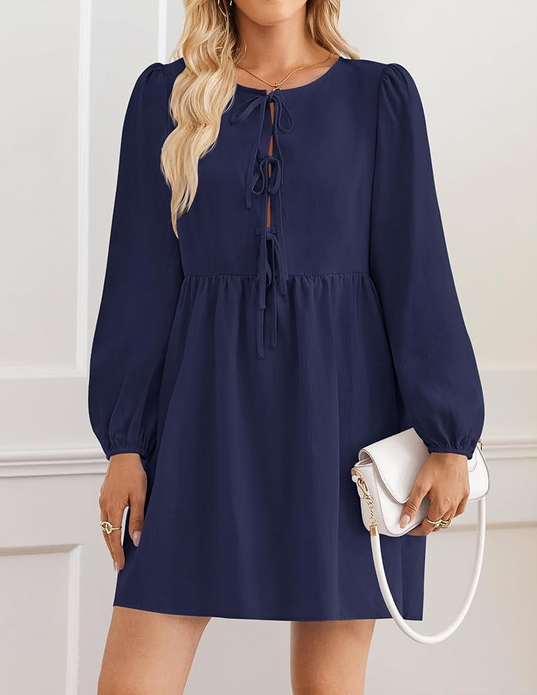 ZESICA Women's Dress Fall Long Puff Sleeve Self Tie Front Babydoll A Line Pleated Cute Mini Tunic... | Amazon (US)