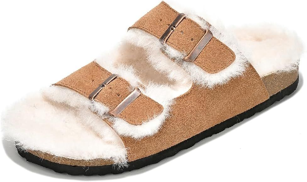 Project Cloud Women's Genuine Suede Shearling Sandals - Adjustable Double Strap Eva Wedge with Fu... | Amazon (US)