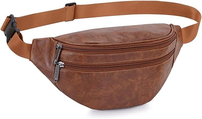 Leather Fanny Packs for Men Women, Brown Belt Bag Fashionable Waist Pack Sling Crossbody Bags Pur... | Amazon (US)