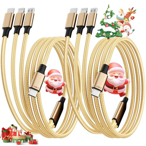USB C Multi Charging Cable [2Pack 4FT], 3 in 1 Charging Cable Nylon Braided USB-C Multiple Charger Cord with Type-C, Micro USB and IP Port for Cell Phones and More (Golden) | Amazon (US)