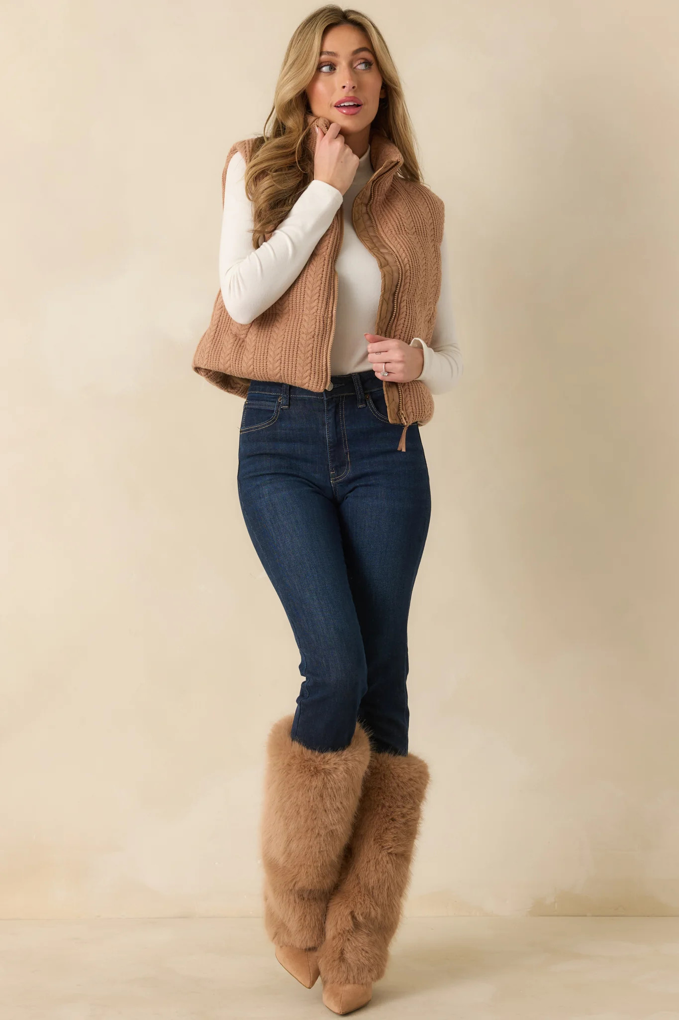 Thread & Supply Stormi Camel Brown Cable Knit Puffer Vest | Red Dress