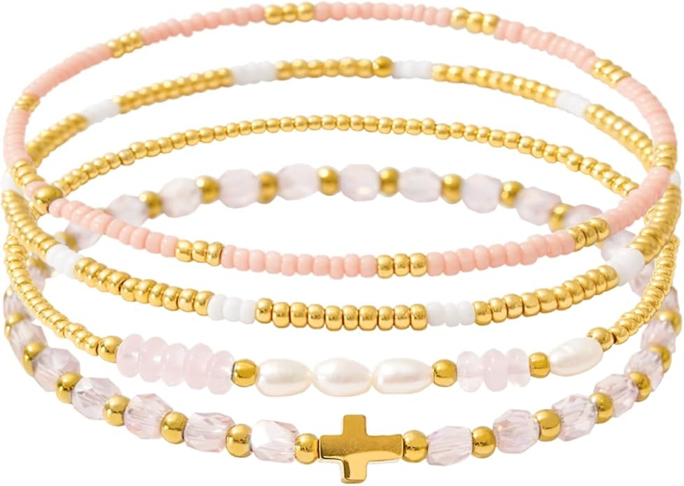 Dainty Gold Pearl Crystal Beaded Bracelets Set for Women 14K Real Gold Plated Bead Pearl Crystal ... | Amazon (US)