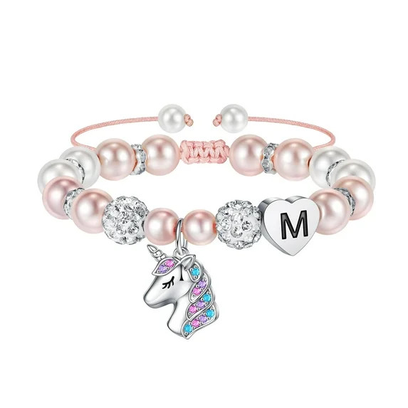 Turandoss Initial Pink Pearl Unicorn Beaded Bracelets for Girls Cute Heart Charm Adjustable Lette... | Walmart (US)