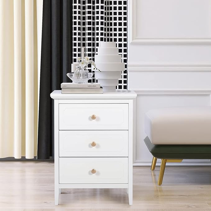 3 Drawer White Nightstand Wooden Large Night Stands with Gold Handle 19 Inch Modern Bedside Table... | Amazon (US)